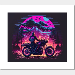 Retro Vintage Motorcycle Sunset Mountains Posters and Art